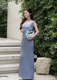 Ndyad Square Neck Sheath Grey Blue Long Bridesmaid Dresses Satin Grey Blue Wedding Guest Dresses HZ1024