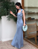 Ndyad Square Neck Sheath Grey Blue Long Bridesmaid Dresses Satin Grey Blue Wedding Guest Dresses HZ1024