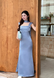 Ndyad Square Neck Sheath Grey Blue Long Bridesmaid Dresses Satin Grey Blue Wedding Guest Dresses HZ1024