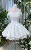Ndyad Off-the-shoulder Homecoming Dresses White A-Line Short Prom Dresses Satin Sweet White Birthday Dresses HZ1024