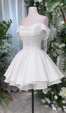 Ndyad Off-the-shoulder Homecoming Dresses White A-Line Short Prom Dresses Satin Sweet White Birthday Dresses HZ1024