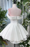 Ndyad Off-the-shoulder Homecoming Dresses White A-Line Short Prom Dresses Satin Sweet White Birthday Dresses HZ1024