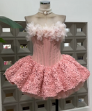 Ndyad Strapless Ball Gown, Pink Short Prom Dresses, Tulle Applique Pink Birthday Dresses, Sleeveless Homecoming Dresses HZ1024