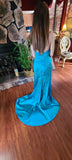 Ndyad Strapless Sheath Blue Long Prom Dresses Beaded Satin Blue Long Evening Dresses Applique Sleeveless Formal Dresses HZ1024