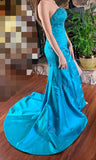 Ndyad Strapless Sheath Blue Long Prom Dresses Beaded Satin Blue Long Evening Dresses Applique Sleeveless Formal Dresses HZ1024