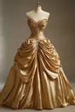 Ndyad Sweetheart Neck Ball Gown Gold Long Prom Dresses Satin Gold Quinceanera Dresses Sweet 16 Dresses HZ1024