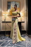 Ndyad Off-the-shoulder Sheath Yellow Long Prom Dresses Chiffon Lace Evening Dresses Butter Yellow Wedding Guest Dresses HZ1024