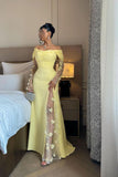 Ndyad Off-the-shoulder Sheath Yellow Long Prom Dresses Chiffon Lace Evening Dresses Butter Yellow Wedding Guest Dresses HZ1024
