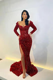 Ndyad V-neck Sheath Burgundy Long Prom Dresses with Sequins and Slits Burgundy Evening Dresses HZ1024