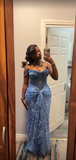 Ndyad Off-the-shoulder Sheath Blue Long Prom Dresses Tulle Blue Long Evening Dresses HZ1024