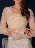 Ndyad Square Neck Sheath Pale Yellow Long Prom Dresses Lace Sequin Pale Yellow Wedding Guest Dresses Long Sleeve Evening Dresses HZ1024