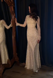 Ndyad Square Neck Sheath Pale Yellow Long Prom Dresses Lace Sequin Pale Yellow Wedding Guest Dresses Long Sleeve Evening Dresses HZ1024