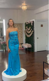 Ndyad Strapless Sheath Blue Long Prom Dresses Applique Blue Long Evening Dresses HZ1024