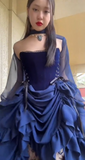 Ndyad New Halloween Party Dresses Sexy Strapless Navy Blue Long Birthday Dresses Chiffon Formal Dresses HZ1024