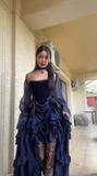 Ndyad New Halloween Party Dresses Sexy Strapless Navy Blue Long Birthday Dresses Chiffon Formal Dresses HZ1024