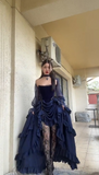Ndyad New Halloween Party Dresses Sexy Strapless Navy Blue Long Birthday Dresses Chiffon Formal Dresses HZ1024