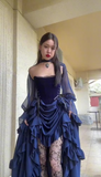 Ndyad New Halloween Party Dresses Sexy Strapless Navy Blue Long Birthday Dresses Chiffon Formal Dresses HZ1024