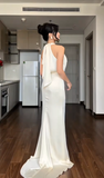 Ndyad Halter Sheath Long Prom Dresses Satin White Formal Dresses Silk White Evening Dresses HZ1024