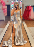 Ndyad Sweetheart Neck Sheath Long Prom Dresses Satin Silver Evening Dresses with Slits HZ1024
