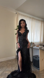 Ndyad Sweetheart Sheath Black Long Prom Dresses Tulle Beaded Black Evening Dresses with Slits HZ1024