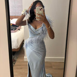 Ndyad Sweetheart Sheath Blue Long Prom Dresses Satin Blue Long Evening Dresses HZ1024