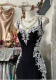 Ndyad Sweetheart Sheath Black Long Prom Dresses Lace Applique Black Long Evening Dresses HZ1024