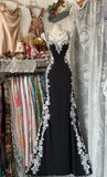 Ndyad Sweetheart Sheath Black Long Prom Dresses Lace Applique Black Long Evening Dresses HZ1024