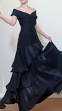 Ndyad Off-the-shoulder Sheath Black Long Prom Dresses Satin Ruffle Black Long Evening Dresses HZ1024