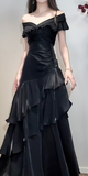 Ndyad Off-the-shoulder Sheath Black Long Prom Dresses Satin Ruffle Black Long Evening Dresses HZ1024