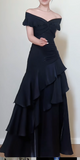 Ndyad Off-the-shoulder Sheath Black Long Prom Dresses Satin Ruffle Black Long Evening Dresses HZ1024