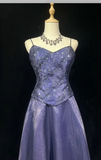 Ndyad Spaghetti Strap A-Line Purple Long Prom Dresses Tulle Beaded Purple Long Evening Dresses HZ1024