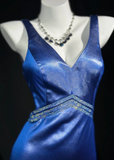 Ndyad V-neck Mermaid Blue Long Prom Dresses Satin Blue Long Evening Dresses with Open Back HZ1024