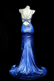 Ndyad V-neck Mermaid Blue Long Prom Dresses Satin Blue Long Evening Dresses with Open Back HZ1024
