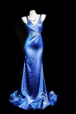 Ndyad V-neck Mermaid Blue Long Prom Dresses Satin Blue Long Evening Dresses with Open Back HZ1024