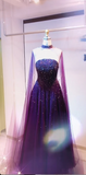 Ndyad Strapless A-Line Dark Purple Long Prom Dresses Beaded Chiffon Dark Purple Long Evening Dresses HZ1024