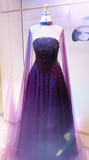 Ndyad Strapless A-Line Dark Purple Long Prom Dresses Beaded Chiffon Dark Purple Long Evening Dresses HZ1024