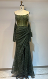 Ndyad Off-the-shoulder Sheath Green Long Prom Dresses Beaded Tulle Green Long Evening Dresses HZ1024