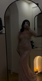 Ndyad Off-the-shoulder Mermaid Long Prom Dresses Tulle Applique Pink Long Formal Dresses Long Sleeve Evening Gowns HZ1024