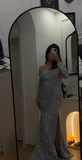 Ndyad Off-the-shoulder Mermaid Long Prom Dresses Tulle Sequins Silver Formal Dresses Evening Gowns with Slits HZ1024