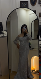 Ndyad Off-the-shoulder Mermaid Long Prom Dresses Tulle Sequins Silver Formal Dresses Evening Gowns with Slits HZ1024