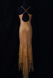 Ndyad Spaghetti Strap Sheath Long Prom Dresses Beaded Chiffon Pastel Orange Formal Dresses Sleeveless Evening Gowns HZ1024