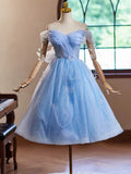 Evafashion Sweetheart Neck Off Shoulder Blue Short Prom Dress with Beads HZ1024