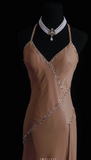 Ndyad Spaghetti Strap Sheath Long Prom Dresses Beaded Satin Vintage Champagne Evening Gowns HZ1024