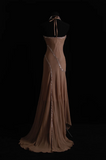 Ndyad Spaghetti Strap Sheath Long Prom Dresses Beaded Satin Vintage Champagne Evening Gowns HZ1024