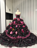 Ndyad Spaghetti Strap Ball Gown Tulle Long Prom Dresses Applique Black Quinceanera Dresses Sweet 16 Dress HZ1024