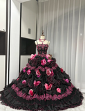 Ndyad Spaghetti Strap Ball Gown Tulle Long Prom Dresses Applique Black Quinceanera Dresses Sweet 16 Dress HZ1024