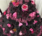 Ndyad Spaghetti Strap Ball Gown Tulle Long Prom Dresses Applique Black Quinceanera Dresses Sweet 16 Dress HZ1024