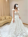 Ndyad Off-the-shoulder A-Line Long Wedding Dresses Applique Tulle White Bridal Gowns HZ1024