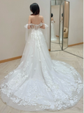 Ndyad Off-the-shoulder A-Line Long Wedding Dresses Applique Tulle White Bridal Gowns HZ1024