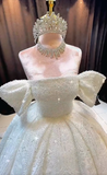 Ndyad Off-the-shoulder Ball Gown Beaded Long Wedding Dresses Tulle White Bridal Gowns Short Sleeve Bridal Dresses HZ1024